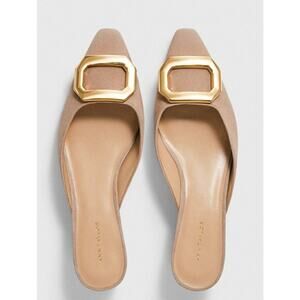 Ann Taylor Sz 9.5 Beige Suede Leather Gold Buckle Mule Low Heel Slip On Pumps